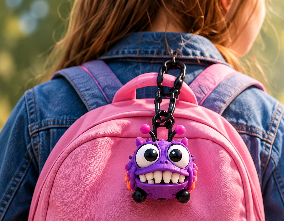 A purple BAGBUGZ on a pink backpack