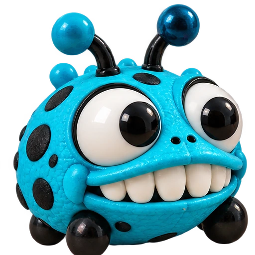 Blue BAGBUGZ with a closed-mouth toothy smile