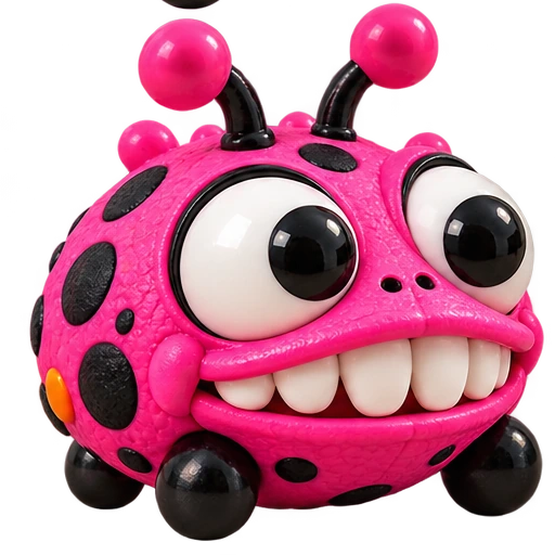 Pink BAGBUGZ with a closed-mouth toothy smile