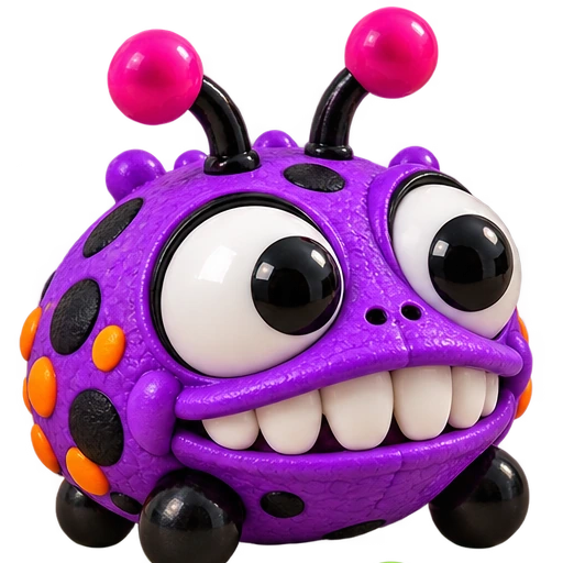 Purple BAGBUGZ with a closed-mouth toothy smile