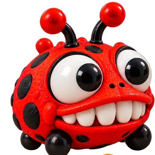 Red BAGBUGZ with a closed-mouth toothy smile