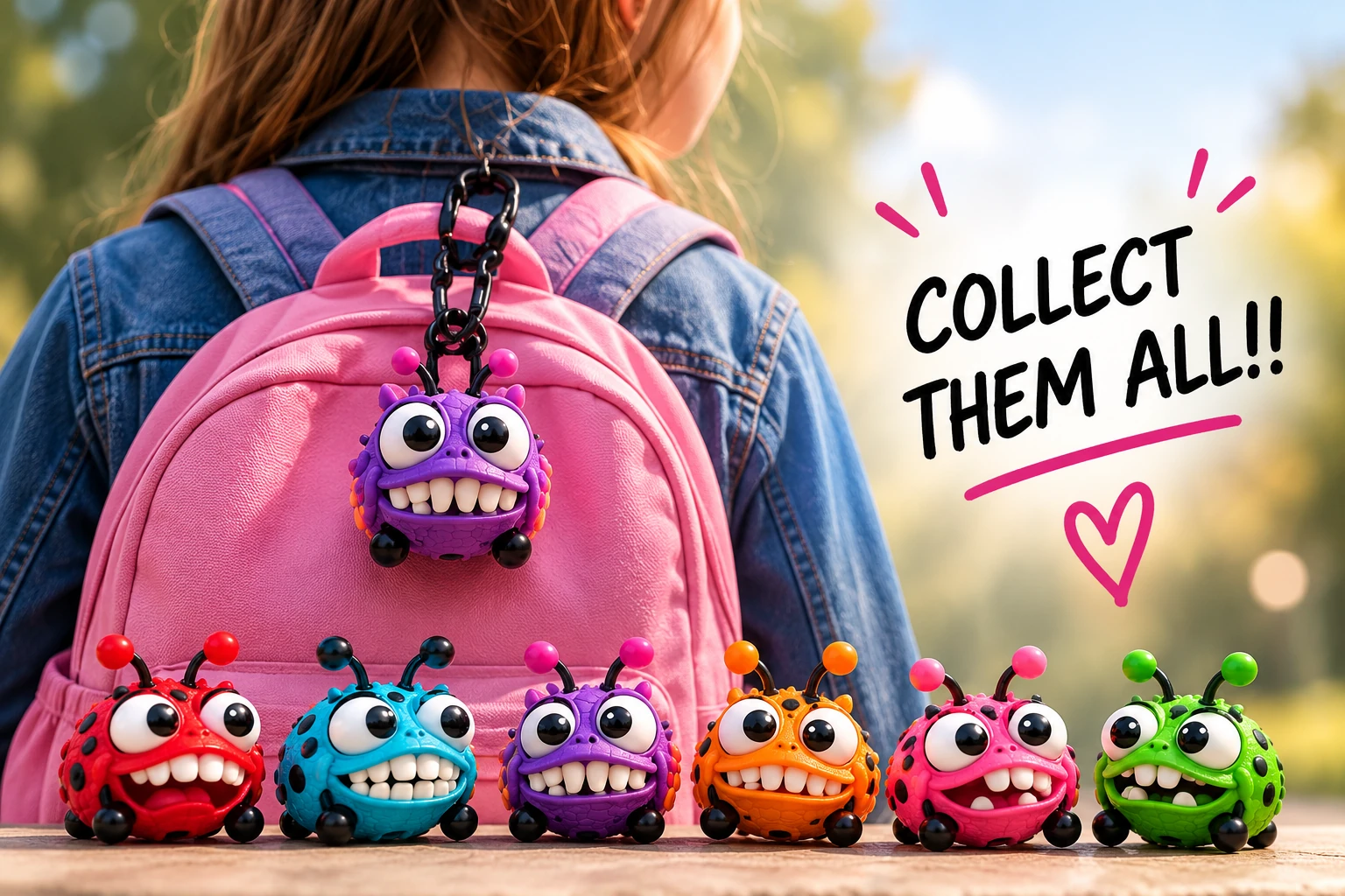 The BAGBUGZ colony with the same closed-mouth toothy smiles, a purple bug on a pink backpack, and Collect them all artwork