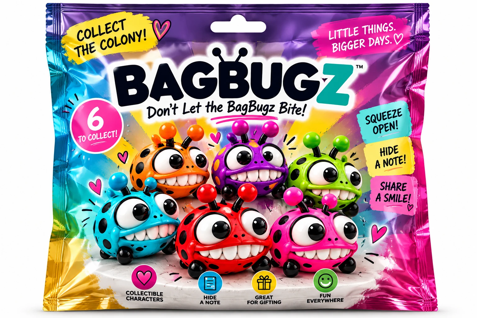 BAGBUGZ collectible foil pack in purple, teal, yellow and pink, featuring the six colourful characters