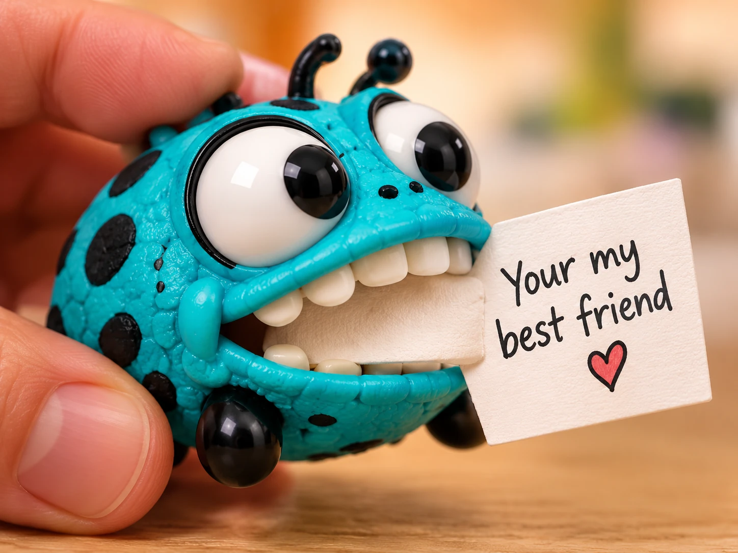 A teal BAGBUGZ holding a friendship note