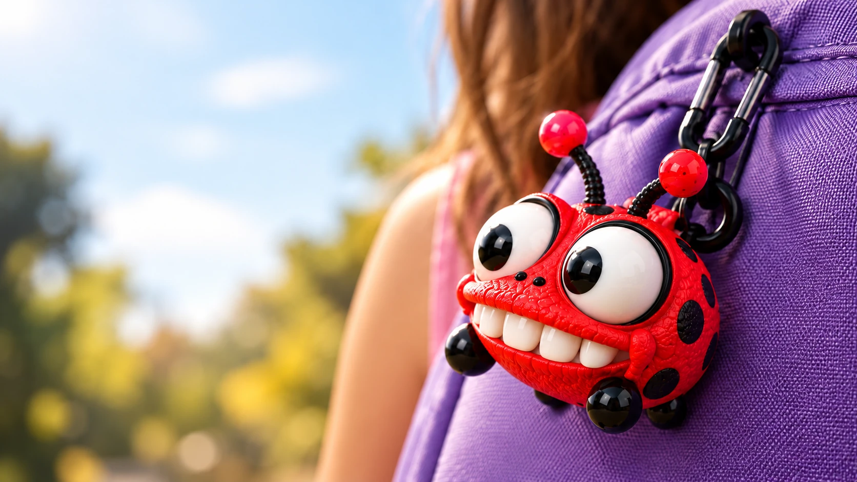 A red BAGBUGZ with a closed-mouth toothy smile clipped to a purple backpack