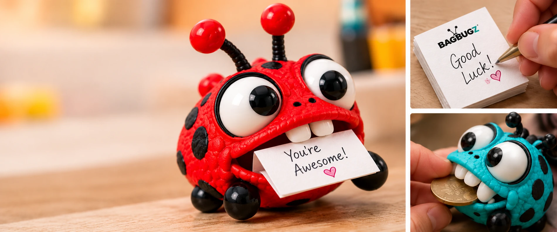 A red bug holding a kind note, with smaller photos of a handwritten message and a teal bug holding a coin