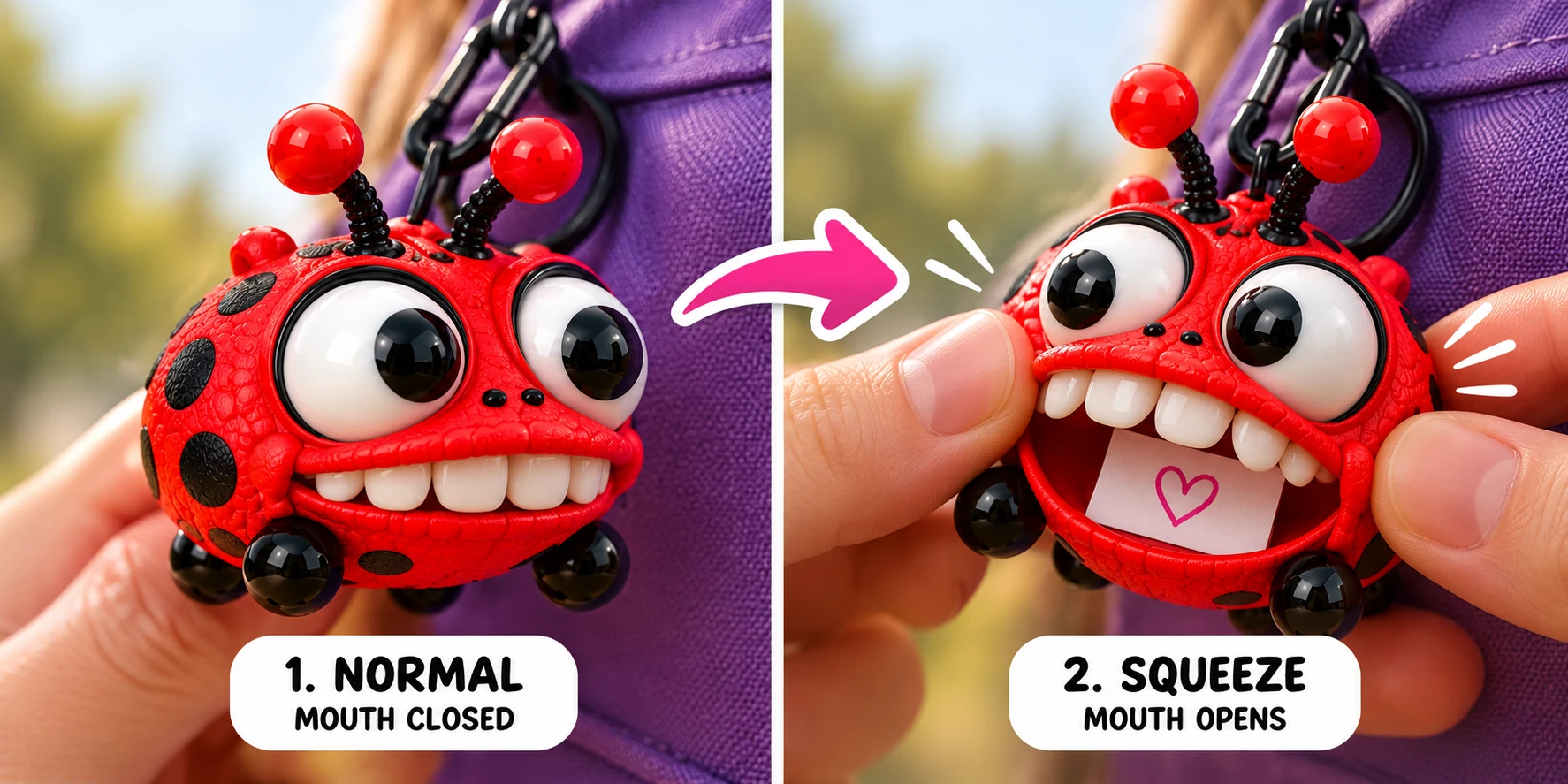 Two-step BAGBUGZ demonstration: normally the mouth is closed; squeezing opens the mouth to hold a little note