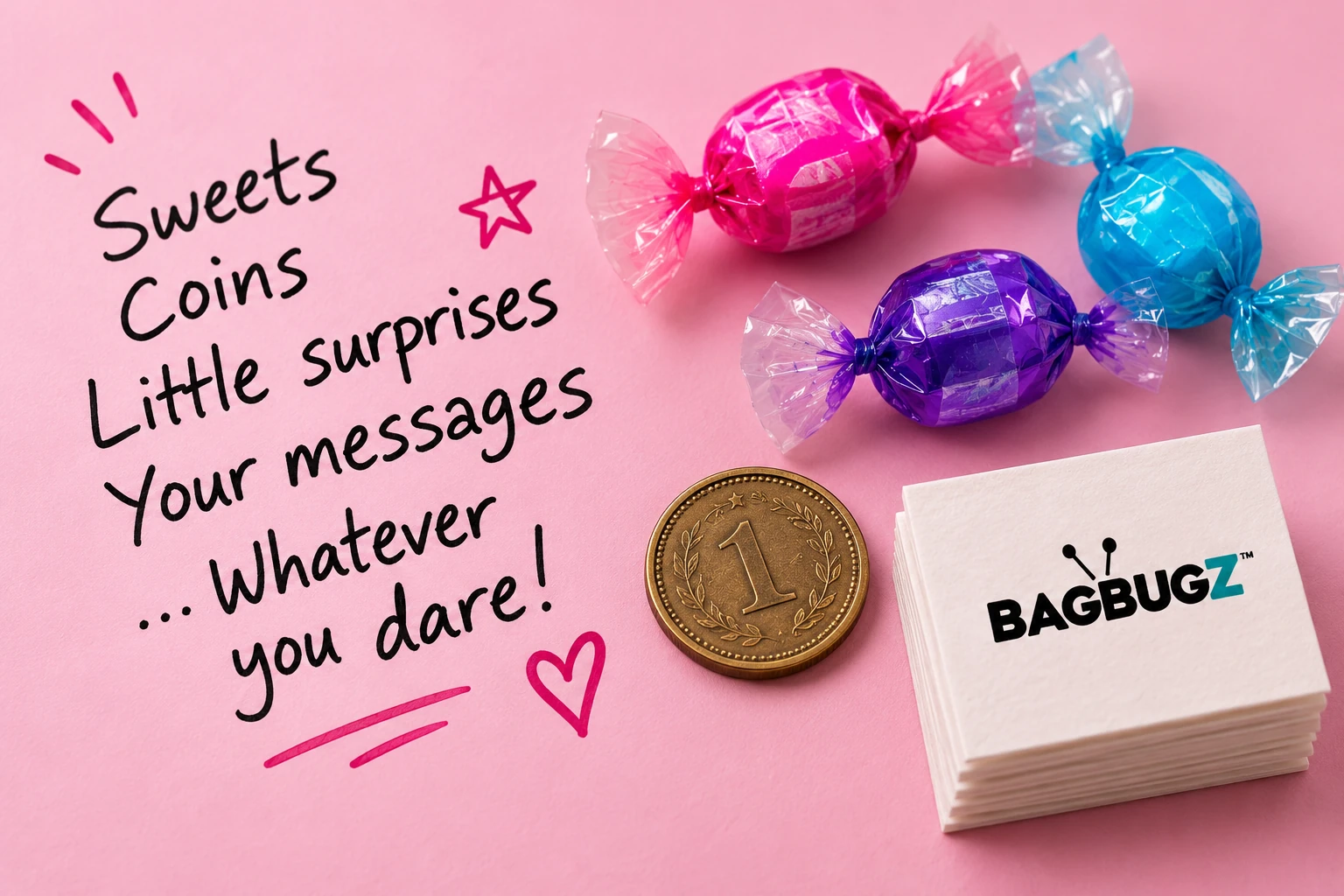 Wrapped sweets, a coin and BAGBUGZ note paper on a pink background, with the message: Sweets, coins, little surprises, your messages, whatever you dare!